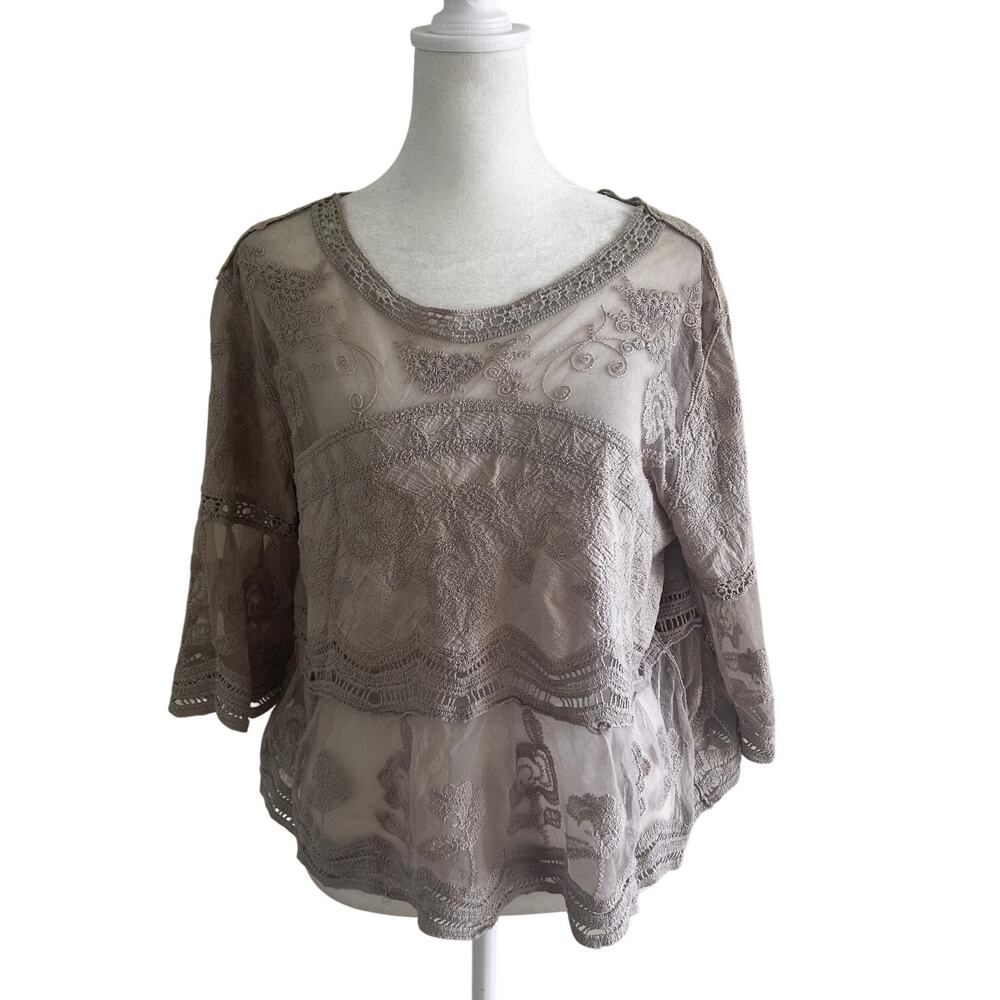 Womens Boho Lace Blouse Sheer Embroidered Cropped Lagenlook Romantic Flowy - Picture 3 of 9